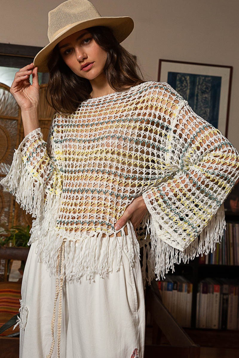 POL Oversize Long Sleeve Fringe Stripe Sweater Top