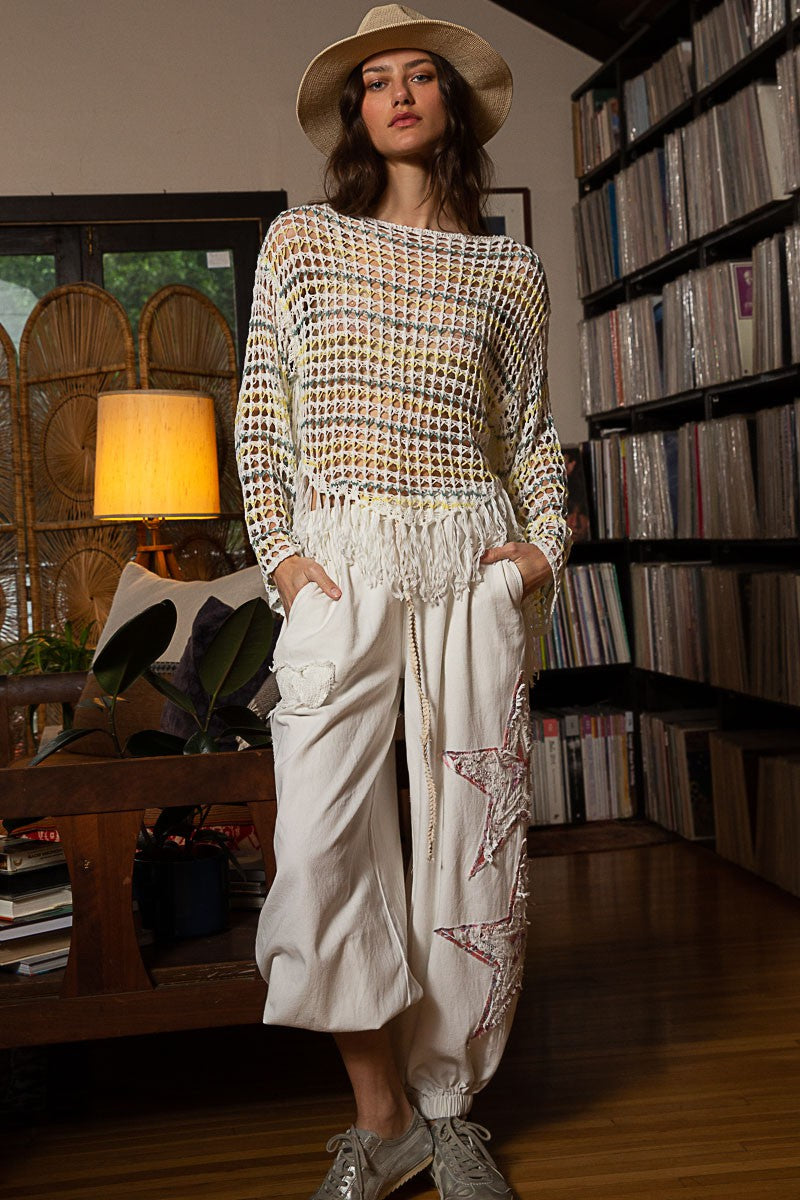 POL Oversize Long Sleeve Fringe Stripe Sweater Top