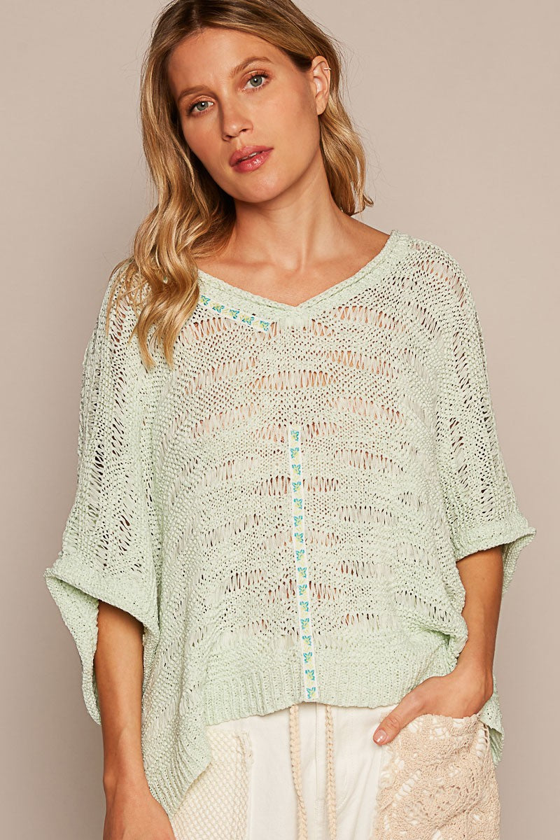 POL Solid V Neck Shortsleeve Trim Point Basic Sweater Top