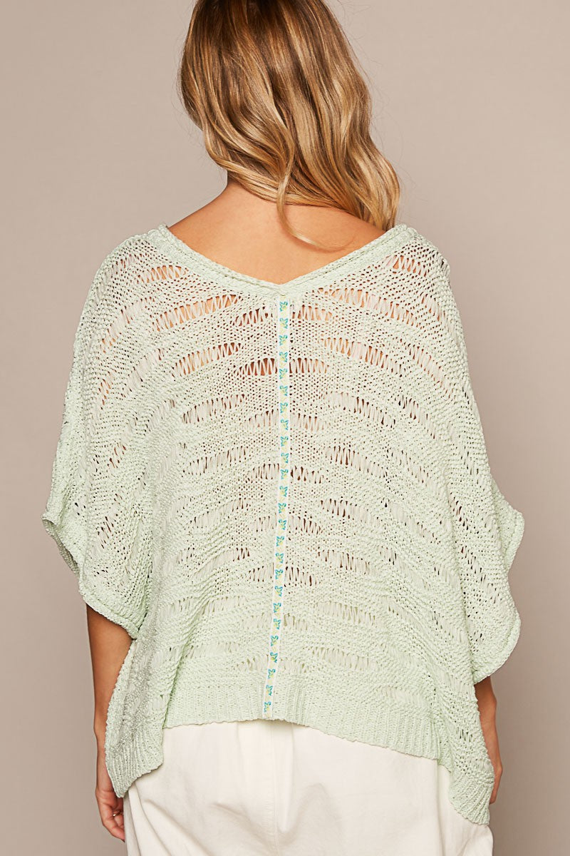 POL Solid V Neck Shortsleeve Trim Point Basic Sweater Top