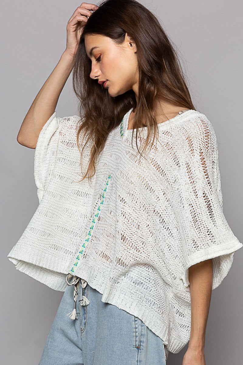 POL Solid V Neck Shortsleeve Trim Point Basic Sweater Top