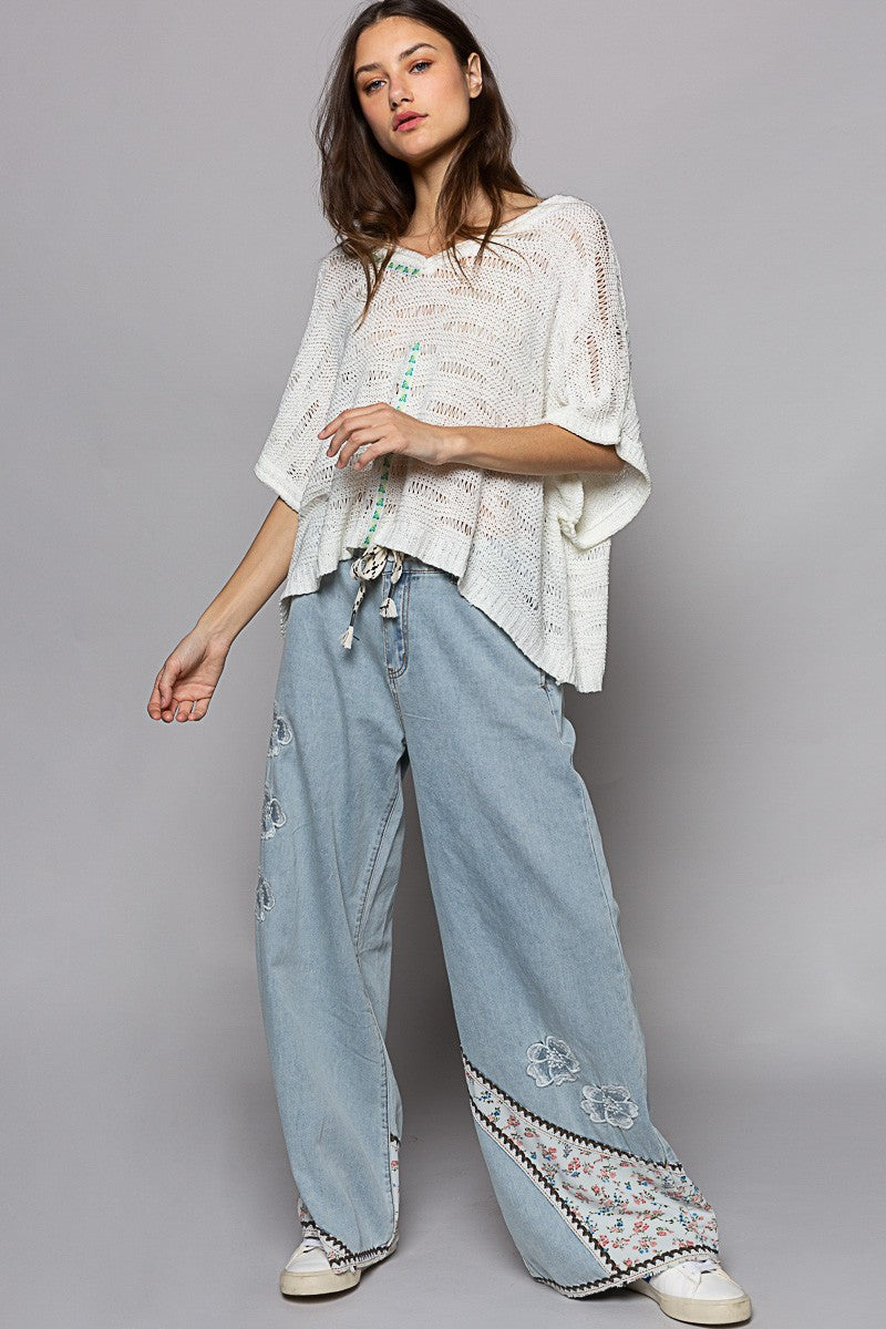 POL Solid V Neck Shortsleeve Trim Point Basic Sweater Top