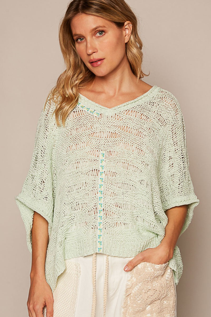 POL Solid V Neck Shortsleeve Trim Point Basic Sweater Top