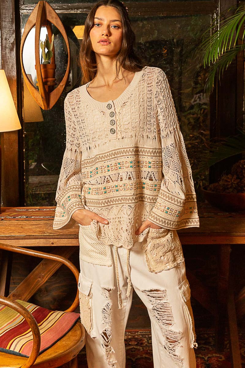 POL Oversize Long Sleeve Front Button Stripe Sweater Top