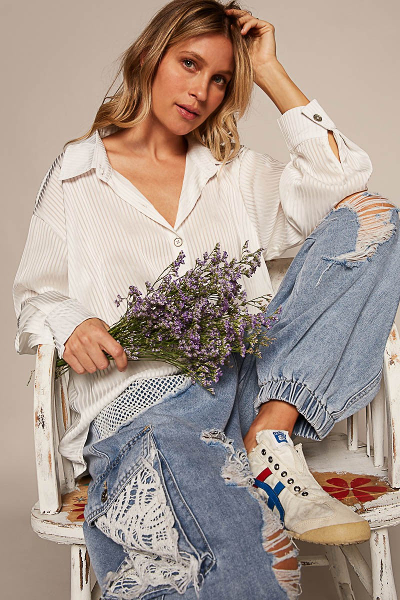 POL Long Sleeve Solid Metal Button Down Shirts Top