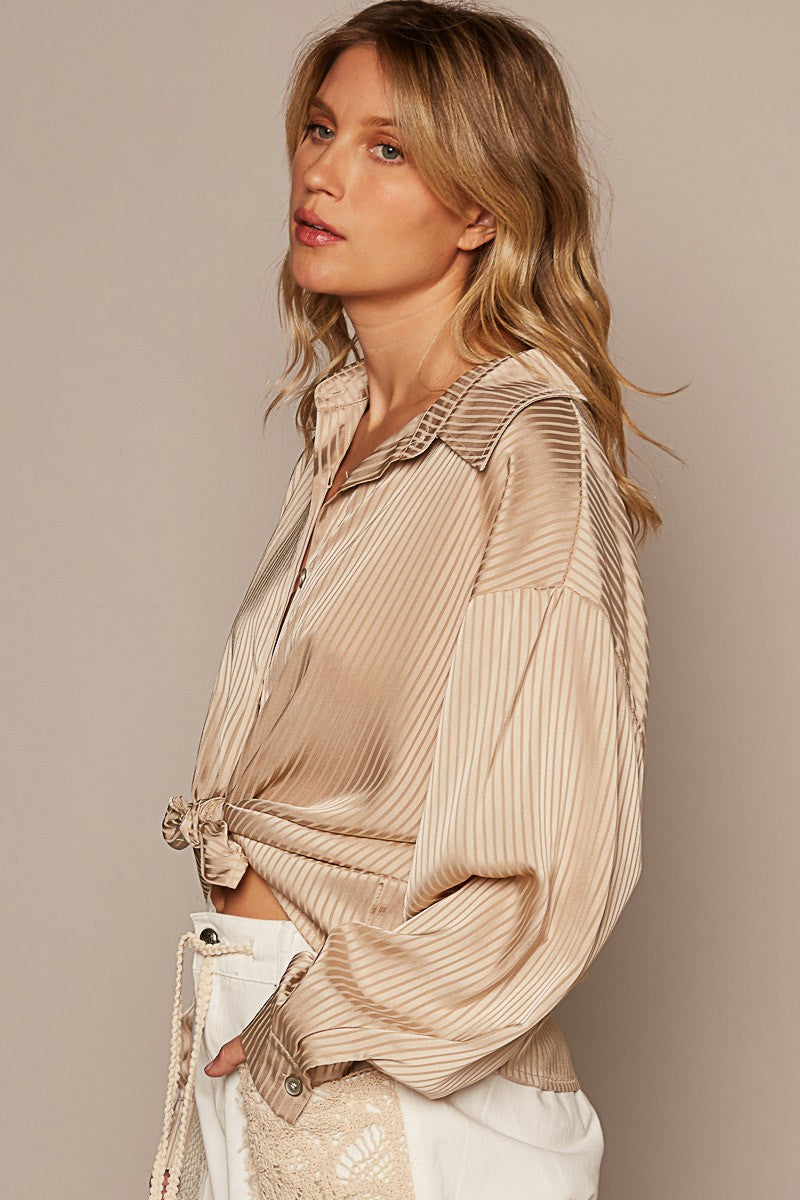 POL Long Sleeve Solid Metal Button Down Shirts Top