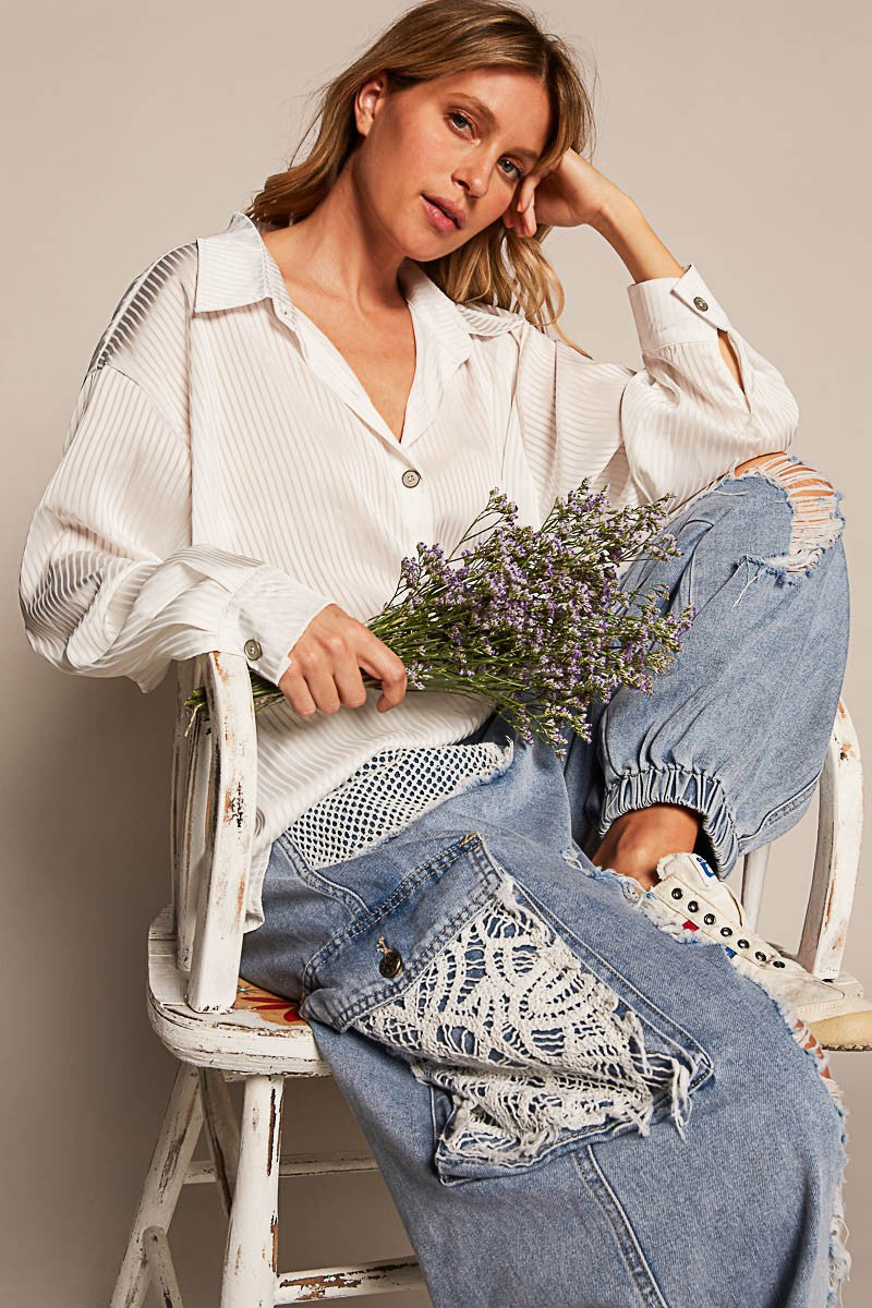 POL Long Sleeve Solid Metal Button Down Shirts Top