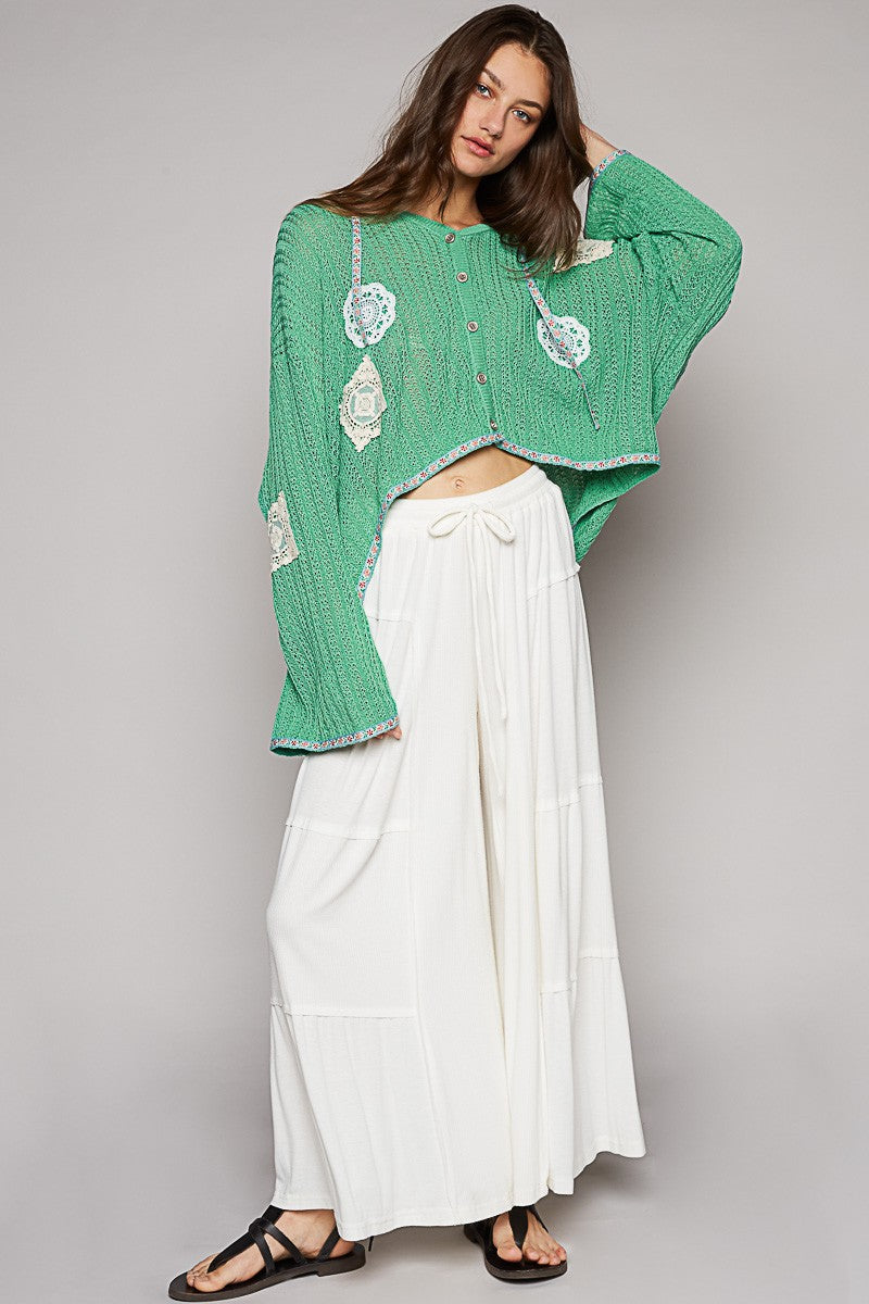 POL Long Sleeve V Neck Crochet Patches Solid Cardigan Top