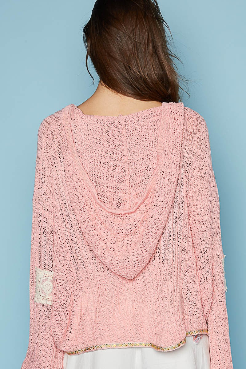 POL Long Sleeve V Neck Crochet Patches Solid Cardigan Top