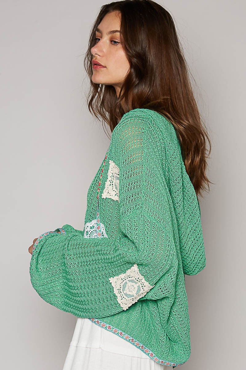 POL Long Sleeve V Neck Crochet Patches Solid Cardigan Top