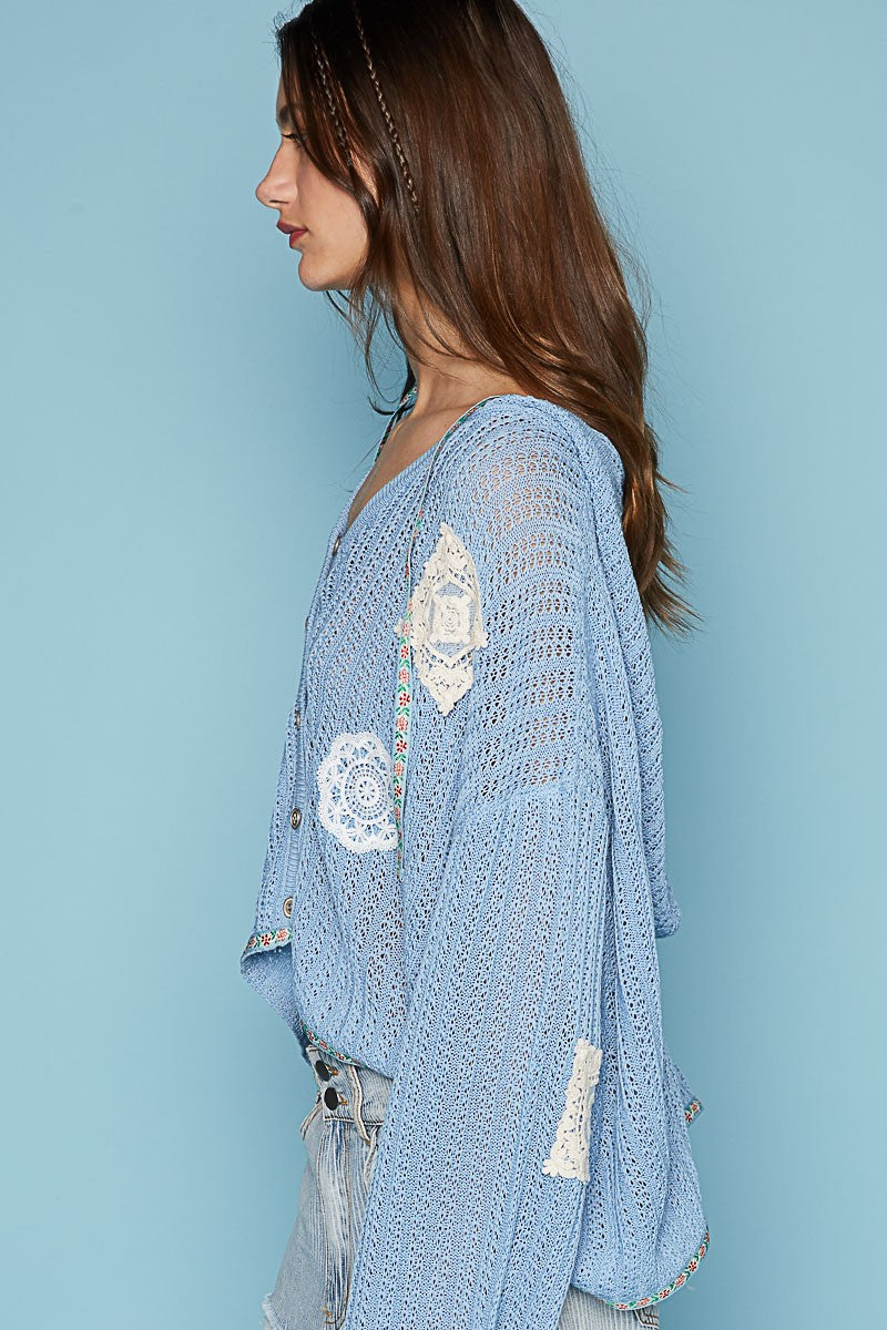POL Long Sleeve V Neck Crochet Patches Solid Cardigan Top