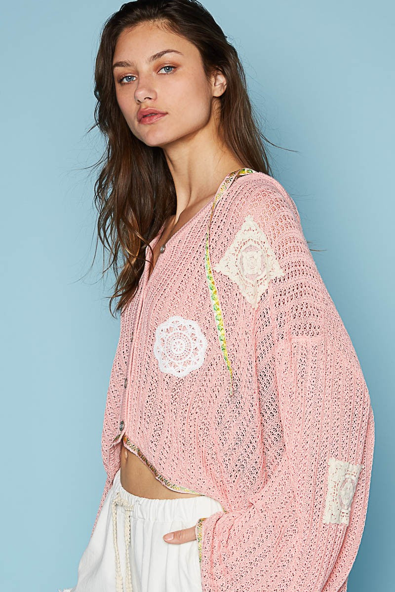 POL Long Sleeve V Neck Crochet Patches Solid Cardigan Top