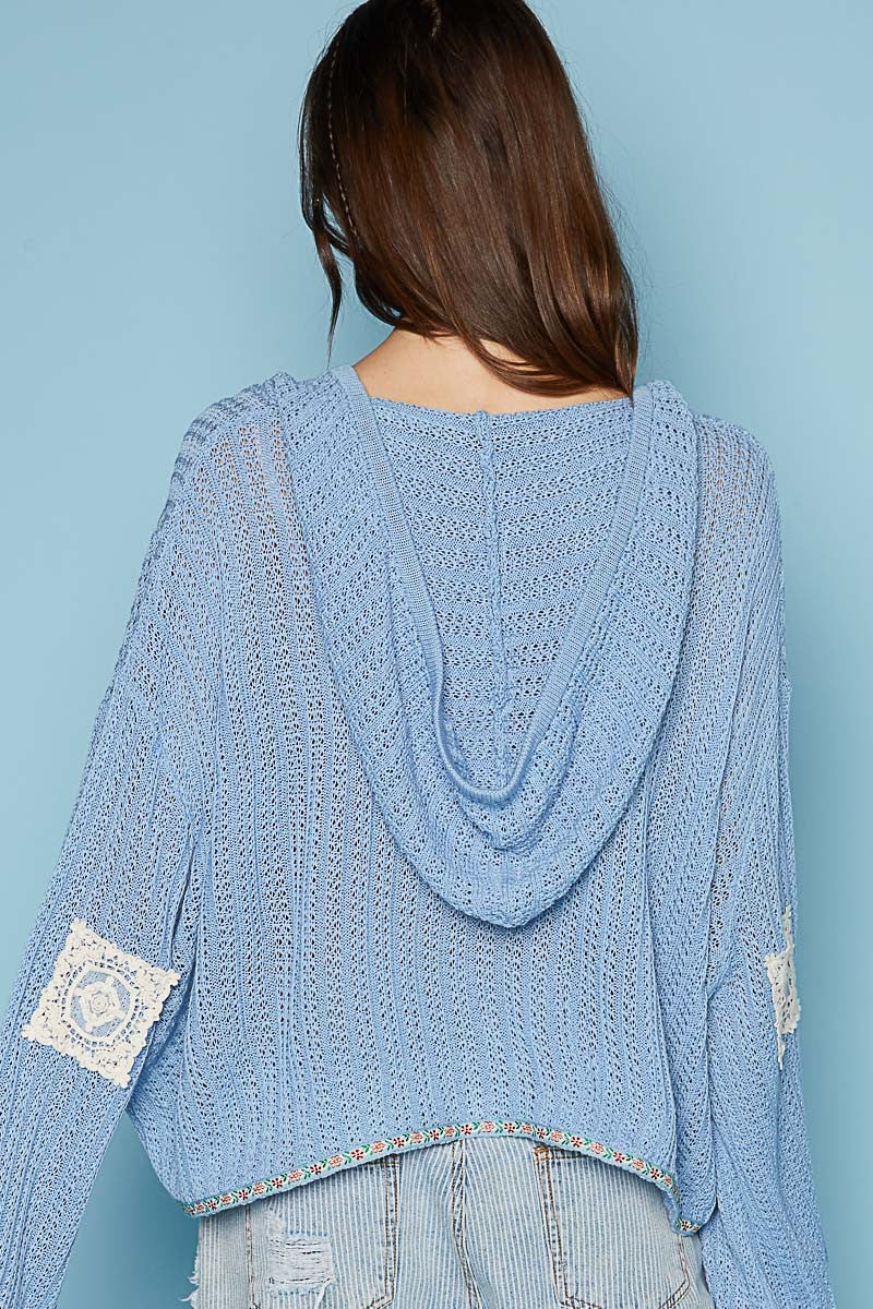 POL Long Sleeve V Neck Crochet Patches Solid Cardigan Top