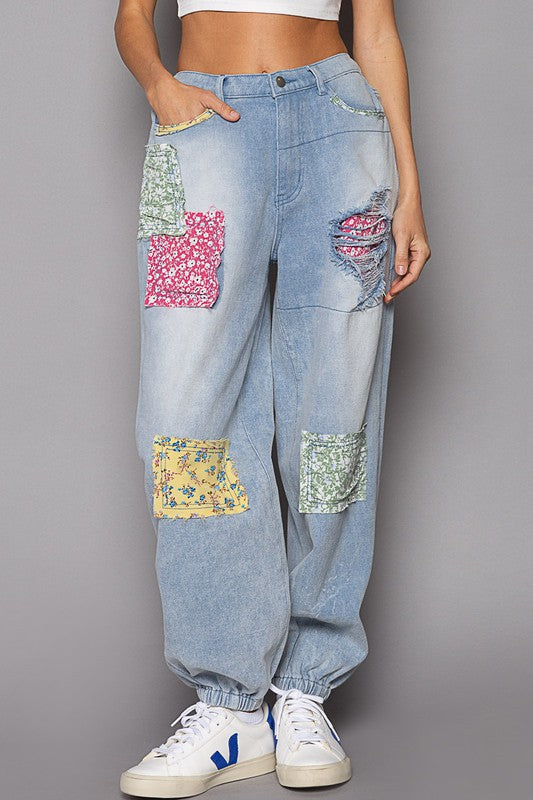 POL Denim Patched Elastic Waist Cotton Jogger Pants - Roulhac Fashion Boutique