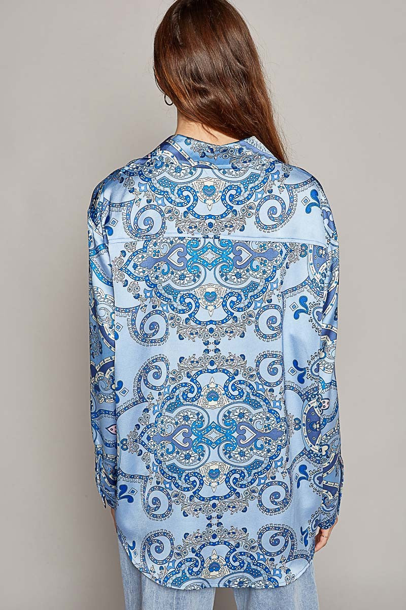 POL Long Sleeve Paisely Print Button Down Shirt Top