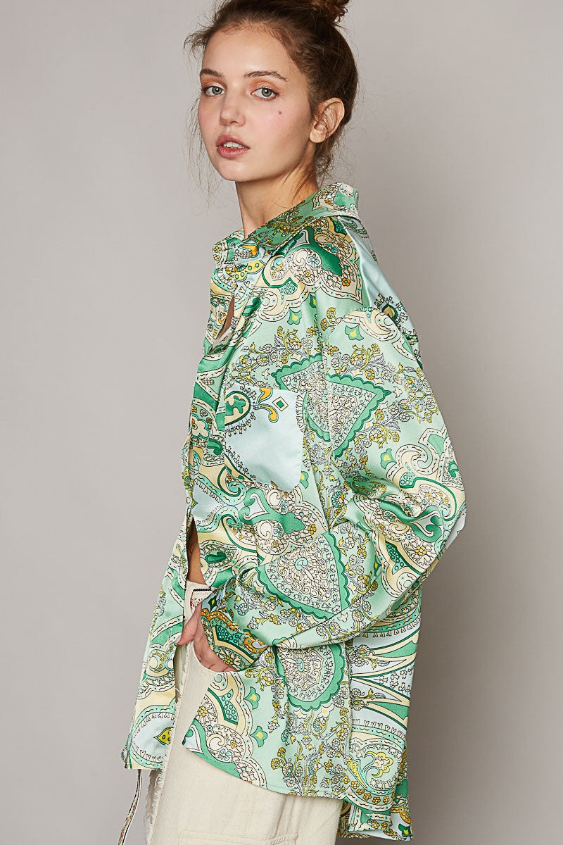 POL Long Sleeve Paisely Print Button Down Shirt Top