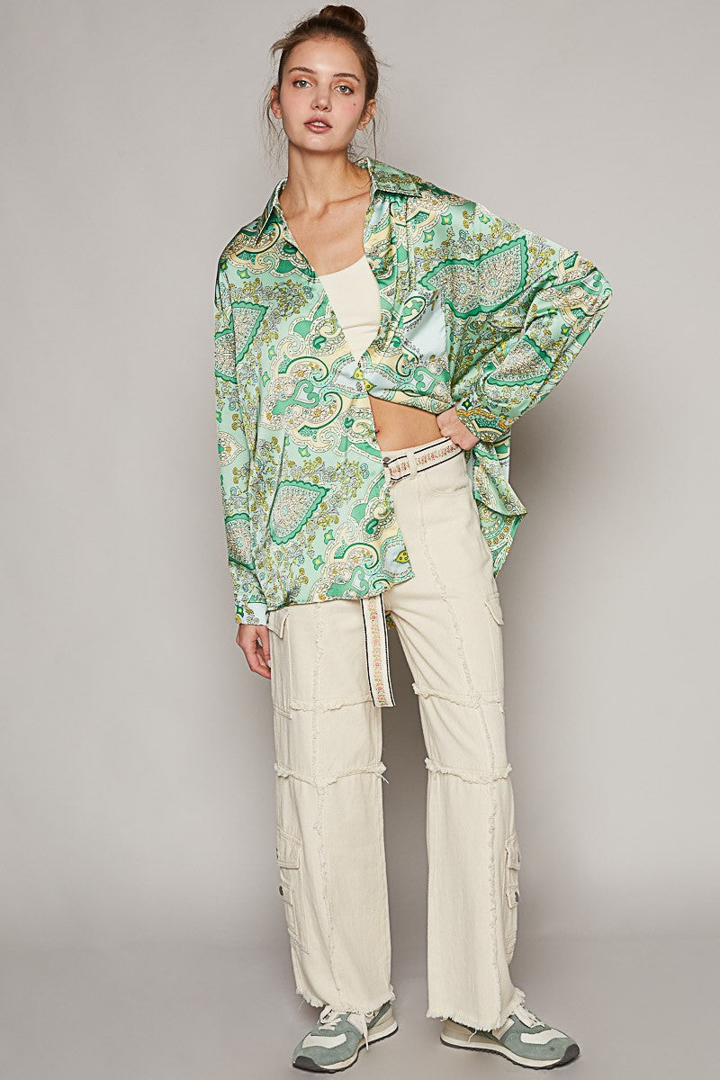 POL Long Sleeve Paisely Print Button Down Shirt Top