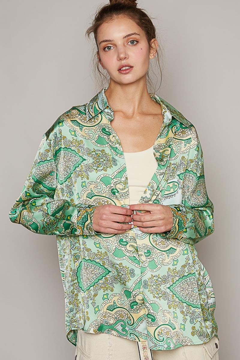 POL Long Sleeve Paisely Print Button Down Shirt Top