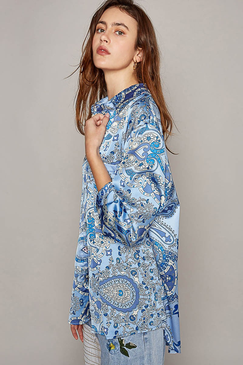 POL Long Sleeve Paisely Print Button Down Shirt Top
