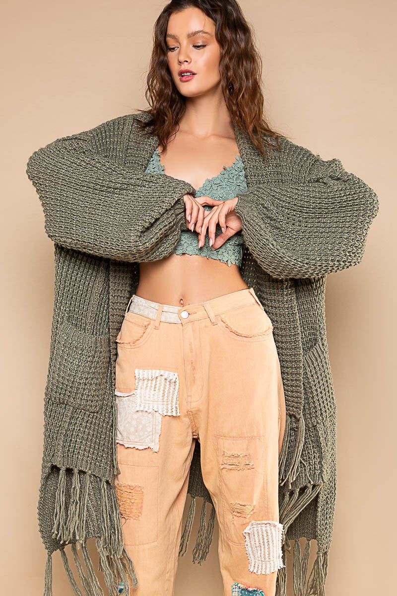 POL Open Front Shawl Balloon Sleeve Fringe Cardigan Top