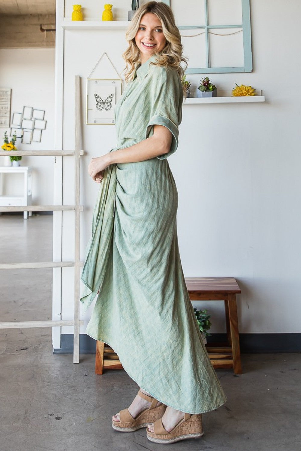 Oli & Hali Washed Short Sleeve Buttondown Longline Shirt Dress