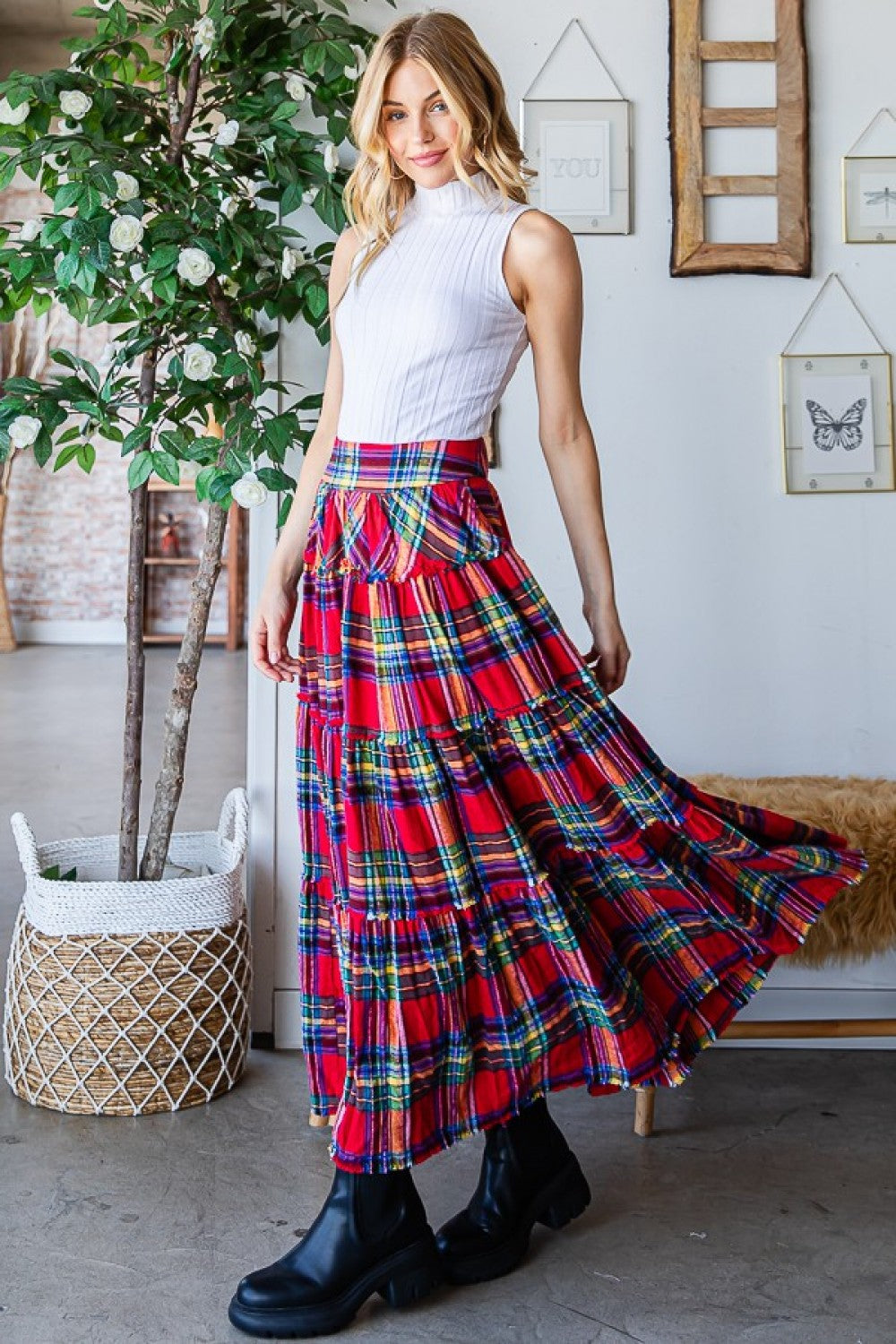 Oli & Hali Mineral Washed Check Plaid Tiered Skirt Pants