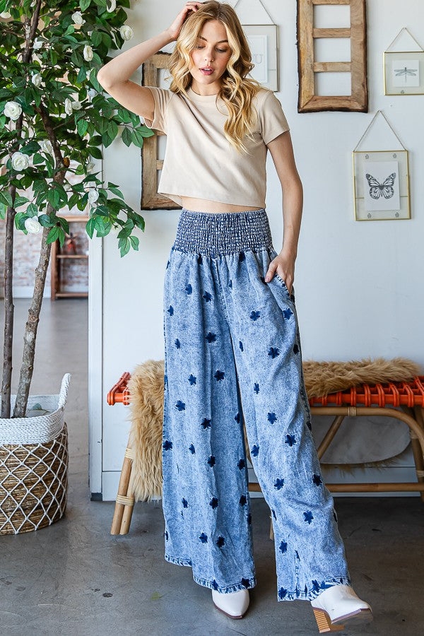 Oli & Hali Washed Embroidered Wide Leg Pants
