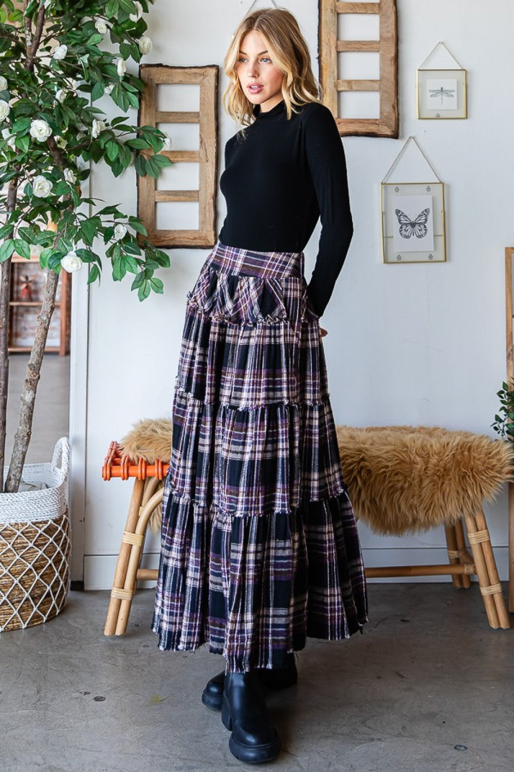 Oli & Hali Mineral Washed Check Plaid Tiered Skirt Pants