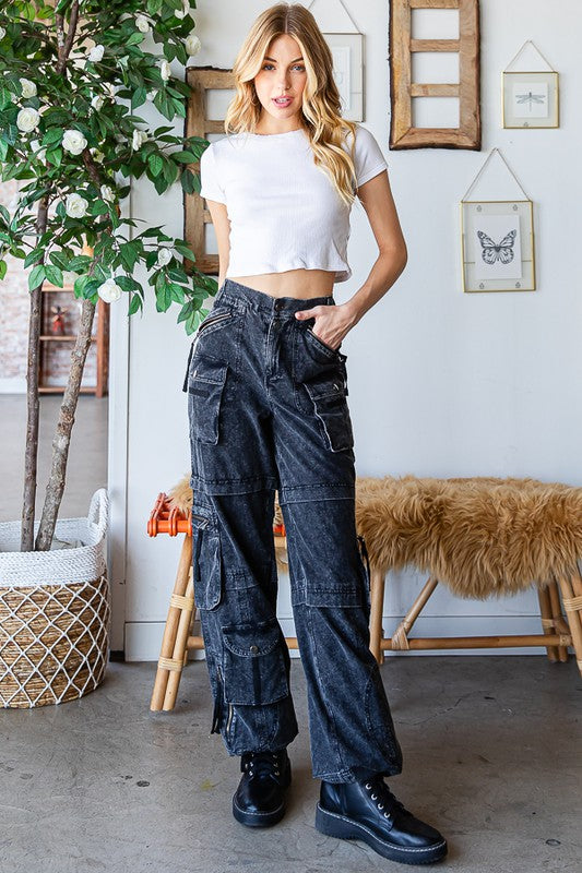 Oli & Hali Black Mineral Washed 11 Pocket Cotton Cargo Pants - Roulhac Fashion Boutique