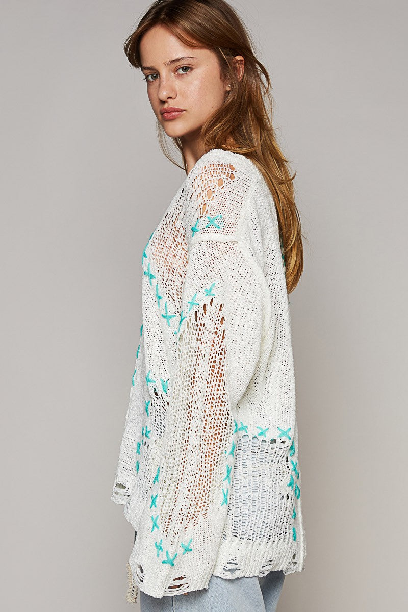 POL Long Sleeve Stitch Distressed V Neck Sweater Top