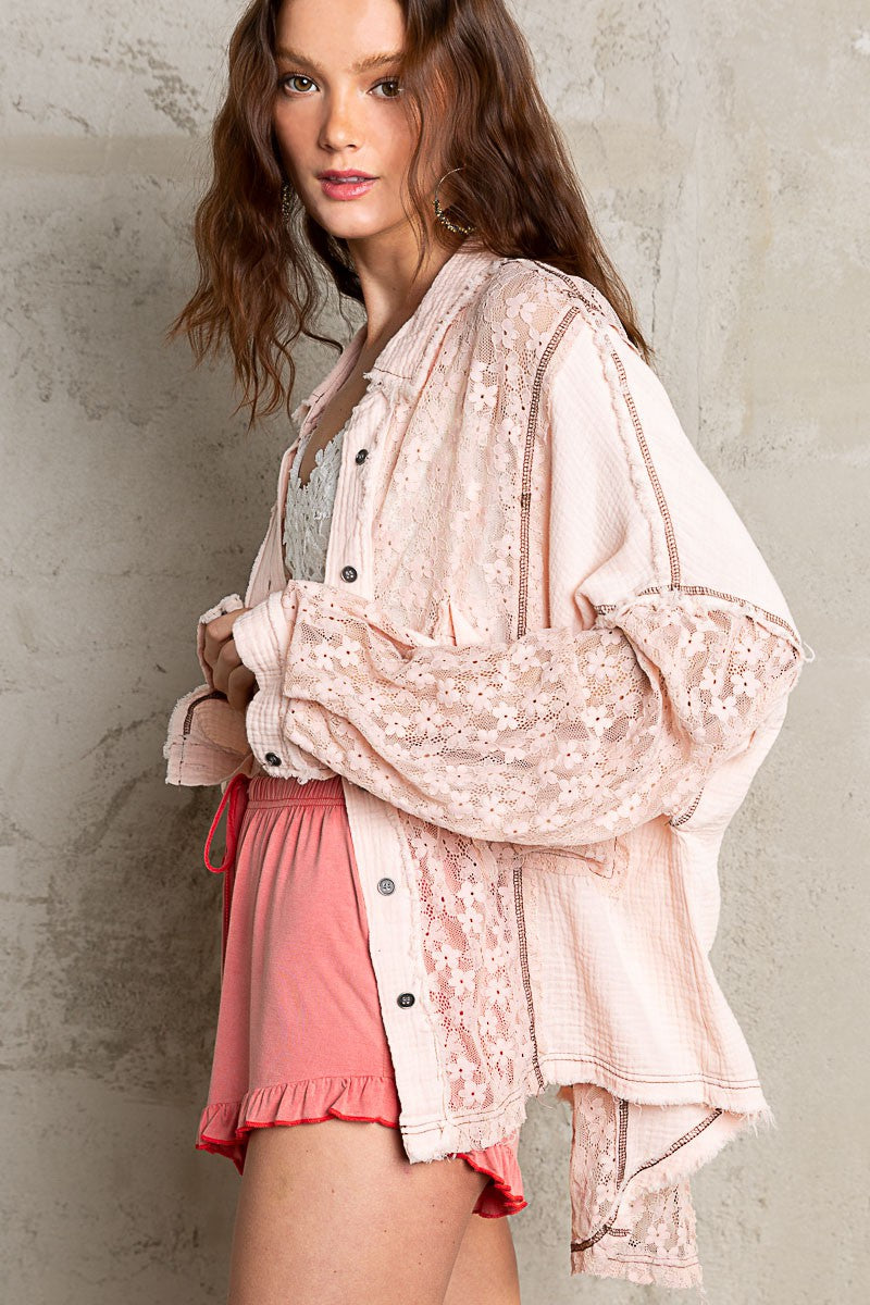POL Floral Oversize Lace Detail Button Down Shirt Top