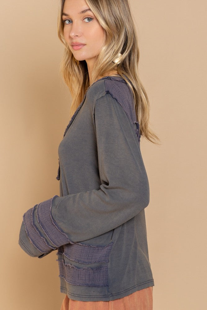 POL Long Sleeve Contrast Gauze Strap Detail Top