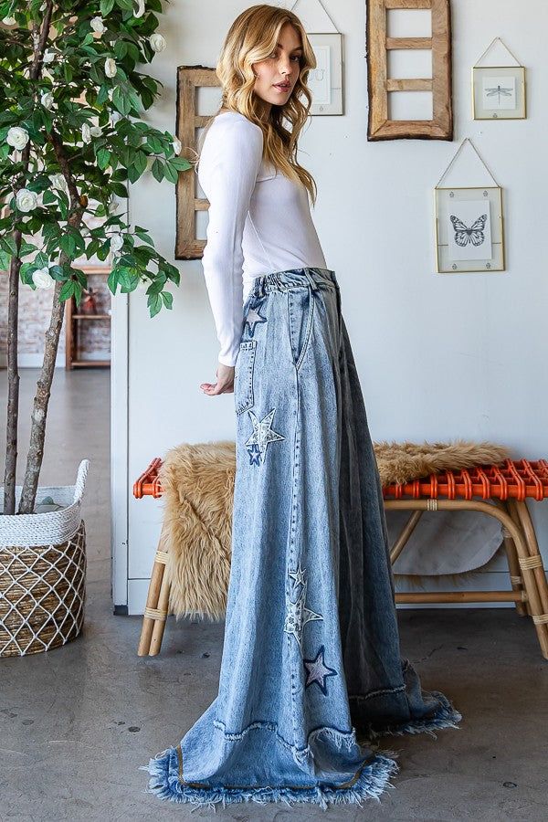 Oli & Hali Star Embroidery Washed Tencel Wide Pants