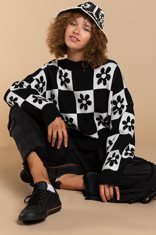 POL Oversized Contrast Floral Checkered Distressed Pullover Sweater - Roulhac Fashion Boutique