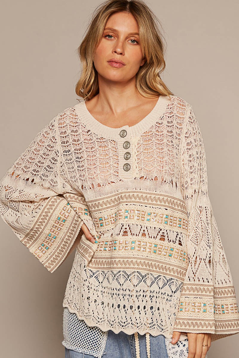 POL Oversize Long Sleeve Front Button Stripe Sweater Top