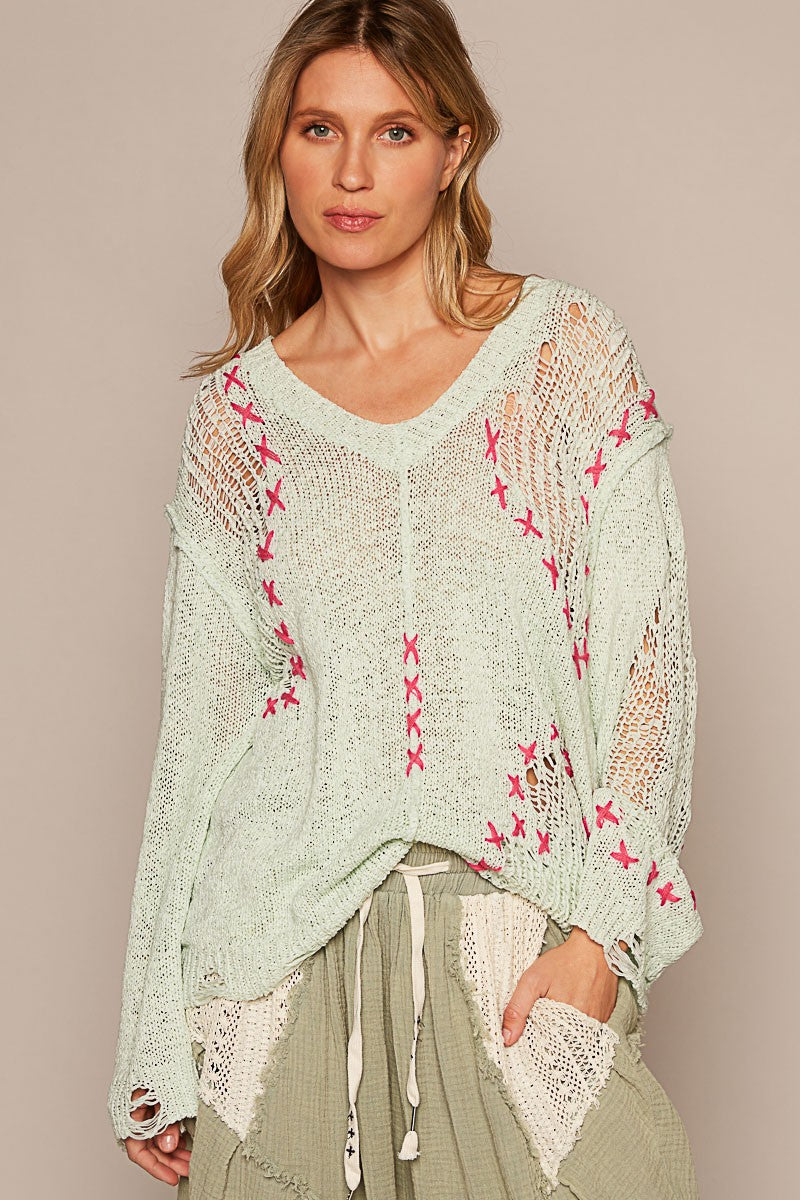 POL Long Sleeve Stitch Distressed V Neck Sweater Top