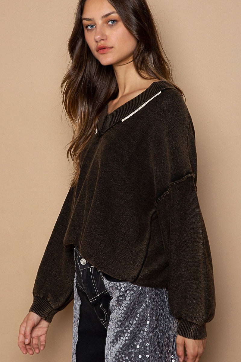 POL Vintage Wash V Neck Classic Solid Pullover Sweater Top