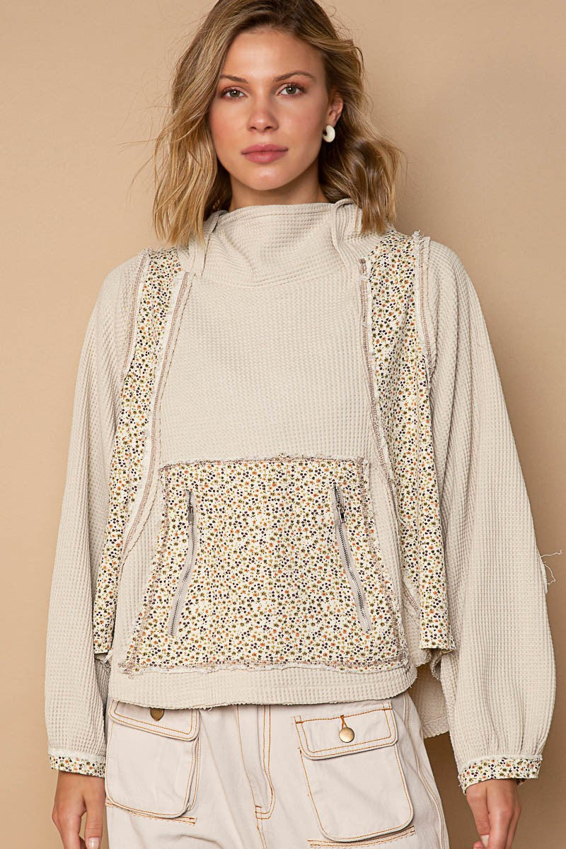 POL Floral Print Kangaroo Front Pocket Thermal Top