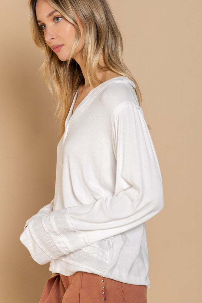 POL Long Sleeve Contrast Gauze Strap Detail Top