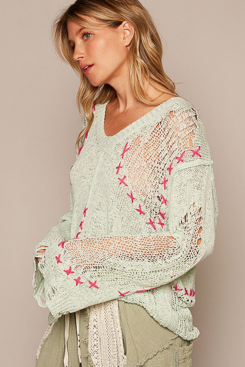 POL Long Sleeve Stitch Distressed V Neck Sweater Top