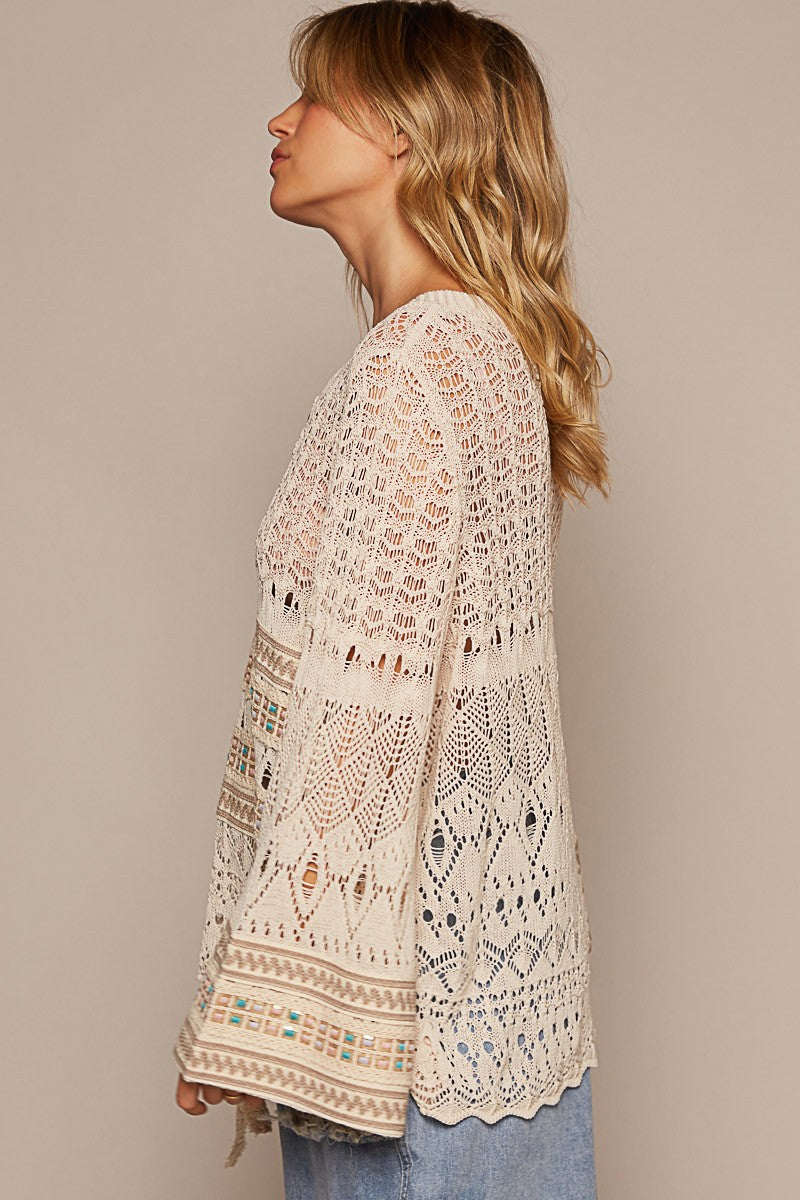 POL Oversize Long Sleeve Front Button Stripe Sweater Top