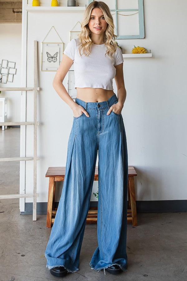 Oli & Hali Pleat Detail Wide Leg Denim Pants