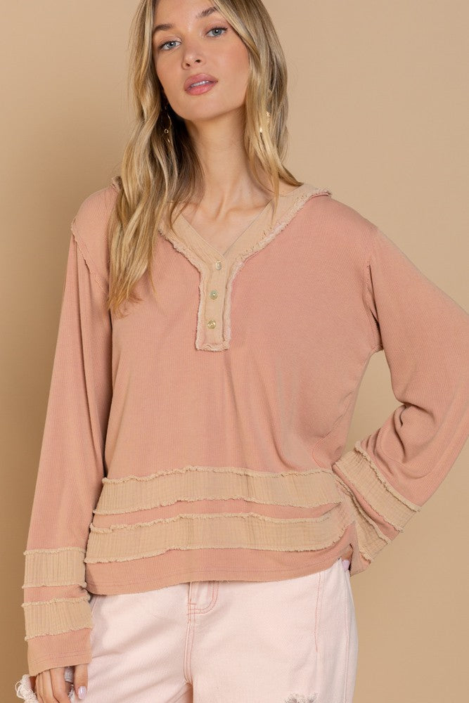 POL Long Sleeve Contrast Gauze Strap Detail Top