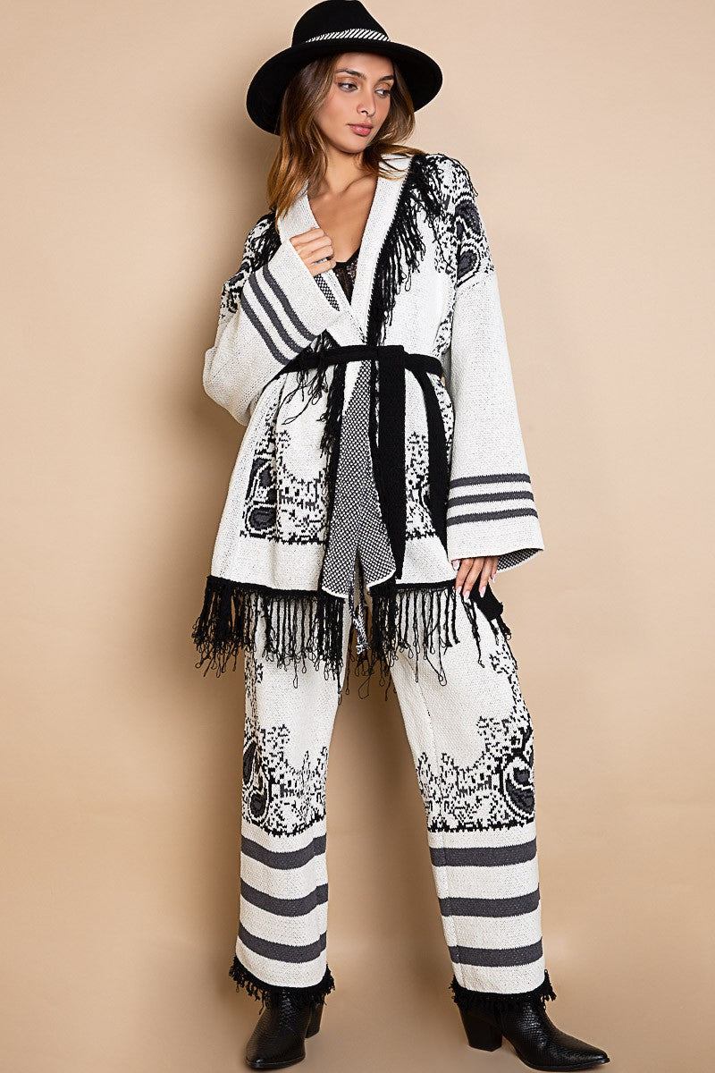 POL Fringe Paisley Shawl Collar Wrapped Cardigan Top