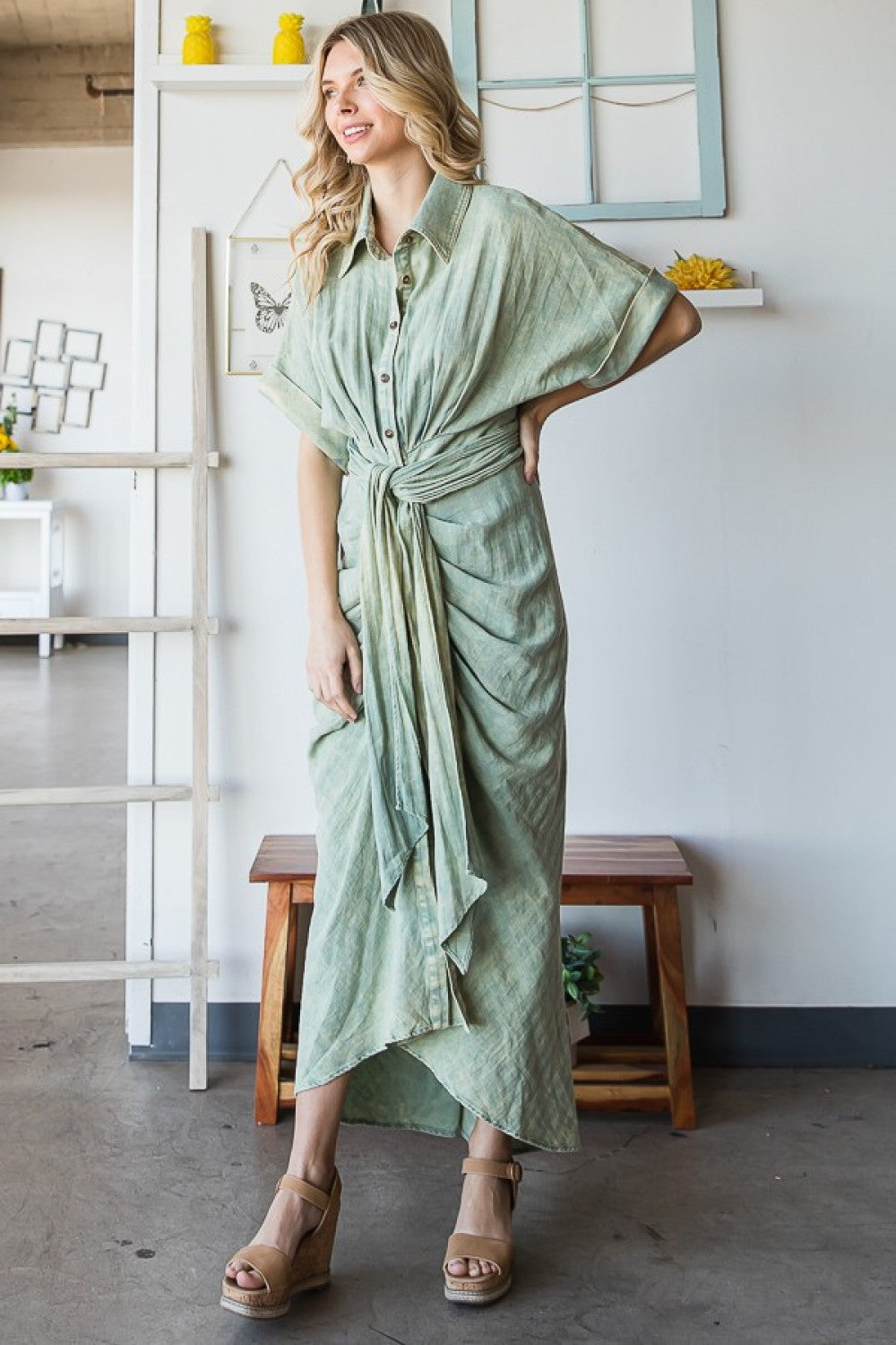 Oli & Hali Washed Short Sleeve Buttondown Longline Shirt Dress