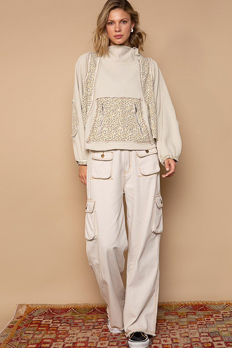 POL Floral Print Kangaroo Front Pocket Thermal Top