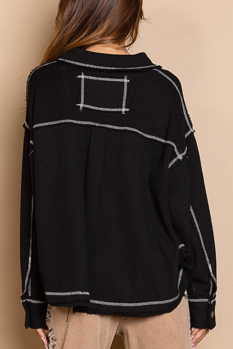 POL Collar Half Zipper Front Kangroo Pocket Knit Top