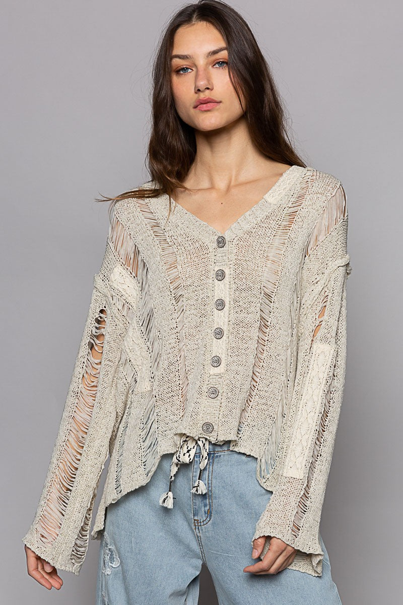 POL Long Sleeve Distressed Lace Trim V Neck Cardigan Top