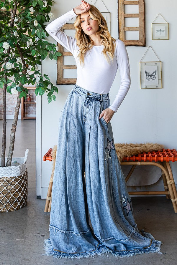 Oli & Hali Star Embroidery Washed Tencel Wide Pants