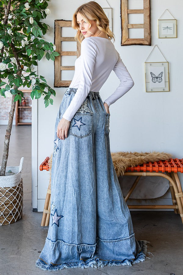 Oli & Hali Star Embroidery Washed Tencel Wide Pants